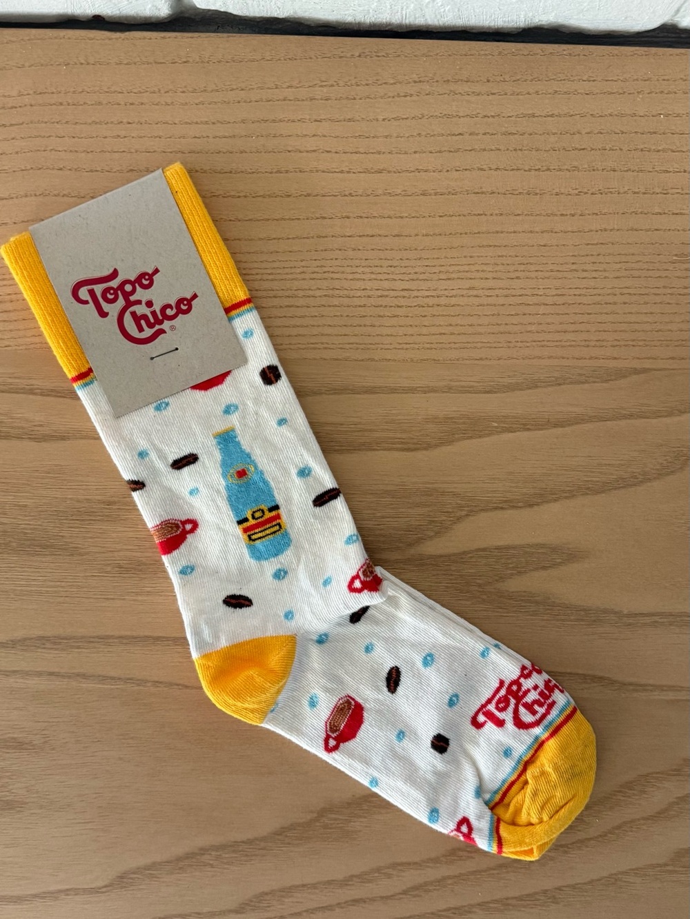 Topo Chico Print Crew Socks - White with Yellow Accents